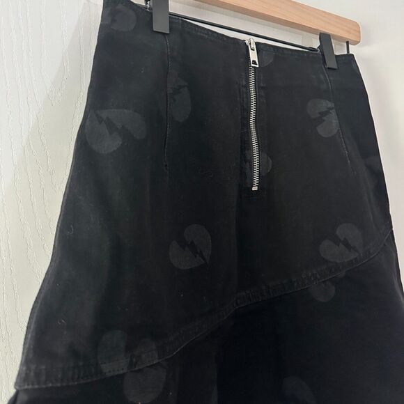 Peacebird Black Denim Skirt Asymmetrical Hem Broken Heart Print Y2K Grunge Small - Picture 6 of 8